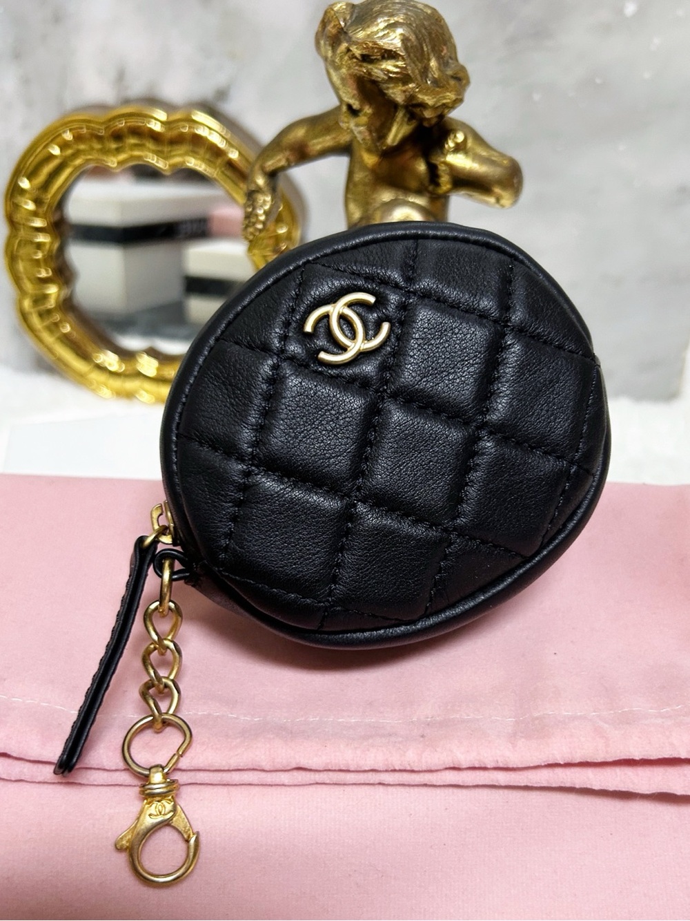 Authentic Chanel 19 CC Round Diamond Quilted Coin Pouch / Bag Charm